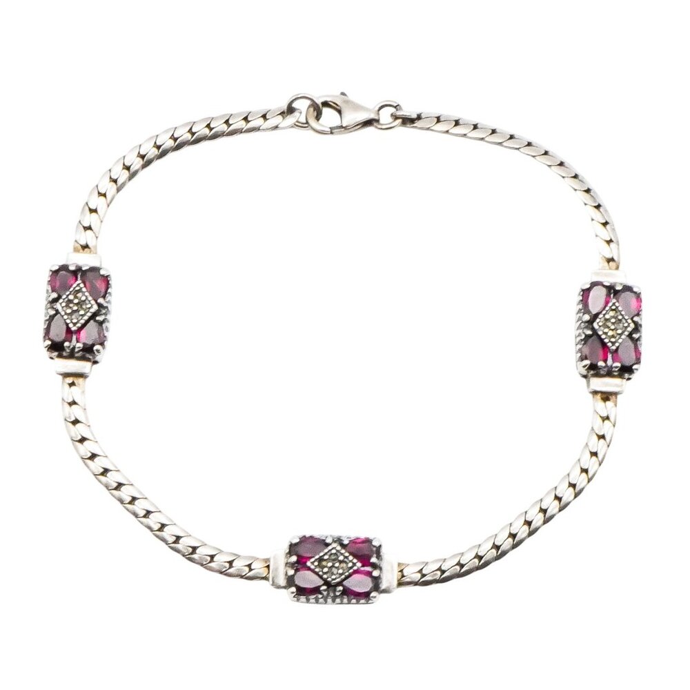 Vintage Sterling Silver Garnet Marcasite January Birthstone Bracelet 7.5 Inches